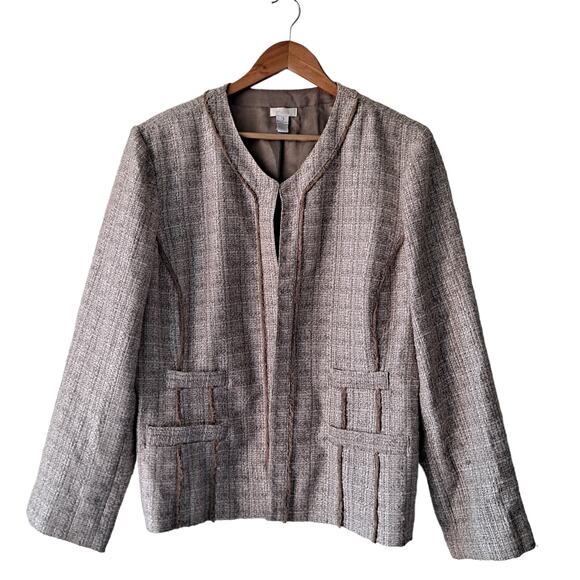 Chicos Tan & Beige Collarles Tweed Jacket with Frindges - Size Chico's 3 (US 16) - Picture 1 of 12